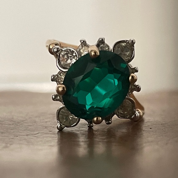 Jewelry - Vintage 50s Cocktail Ring with Faux Emerald and Diamond